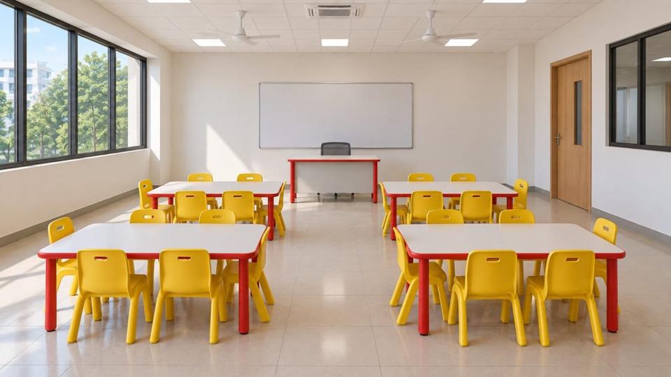 Level 1 classroom: Plastic furniture + board