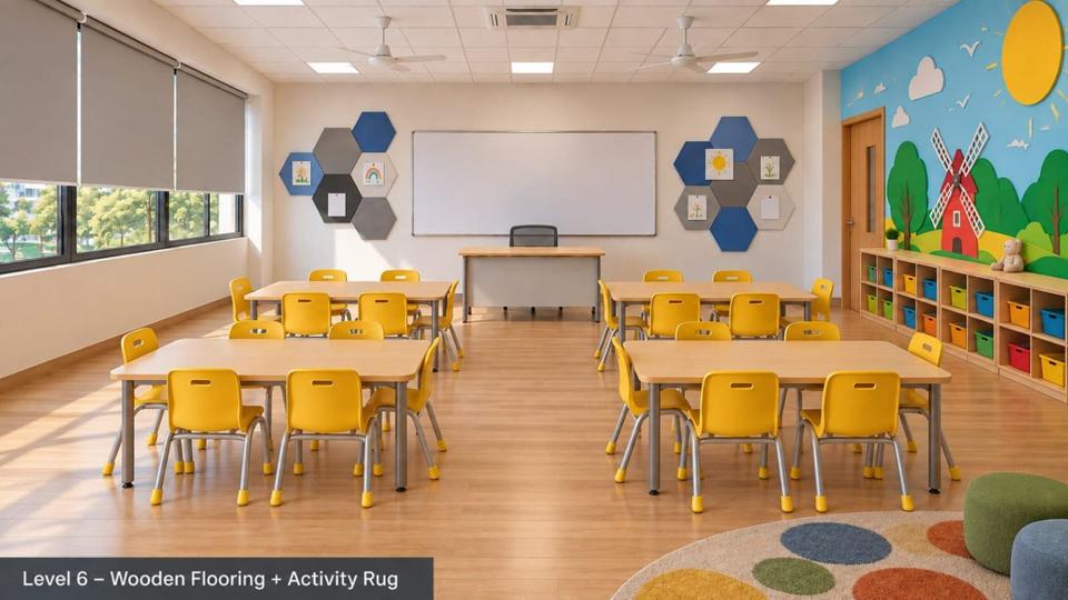 Level 6 classroom: Wooden flooring + rug